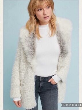 Anthropologie Sleeping On Snow Faux Fur-Collared Cardigan